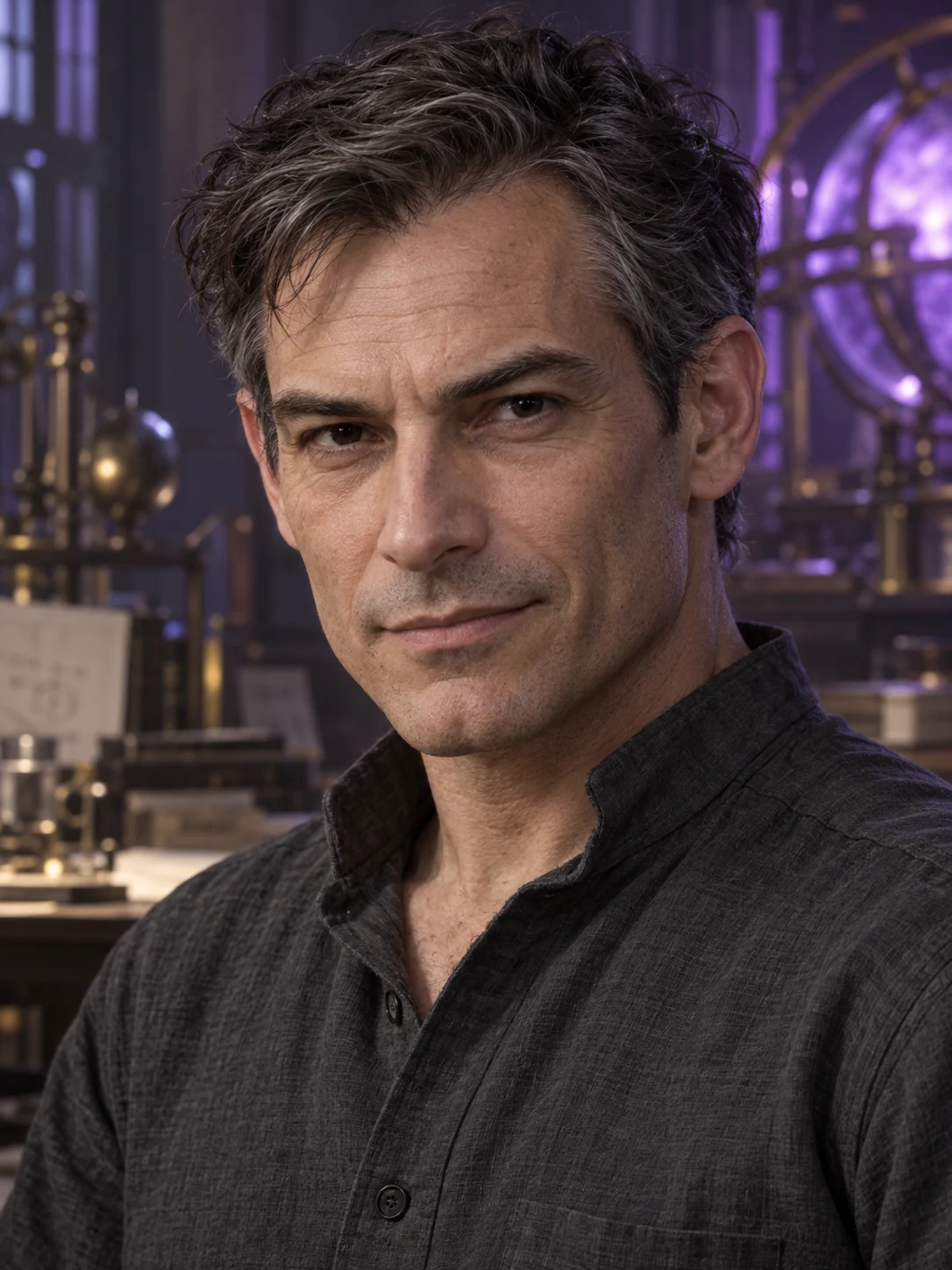 Avalon Brookes — Black eyes are the inventor’s explicitly described feature. This portrait shows him with intact ears; other appearance choices are interpretive.