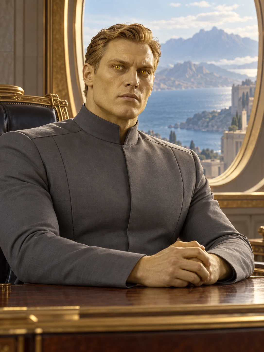 Claudius Sirister — A gray uniform and yellow eyes follow his individual description, with the broad shoulders and faintly shining pale-yellow skin described for the Flaxens.