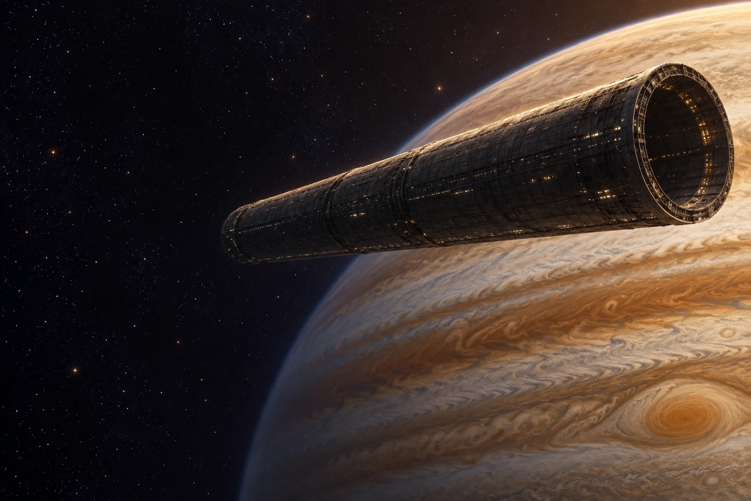 An immense cylindrical habitat in orbit near Jupiter.