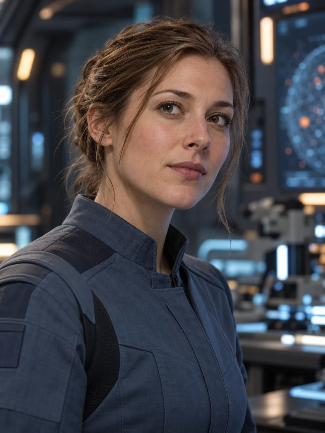 Katie Silver — Pale brown hair follows the description of Echo’s chief science officer; her uniform and facial details are interpretive.
