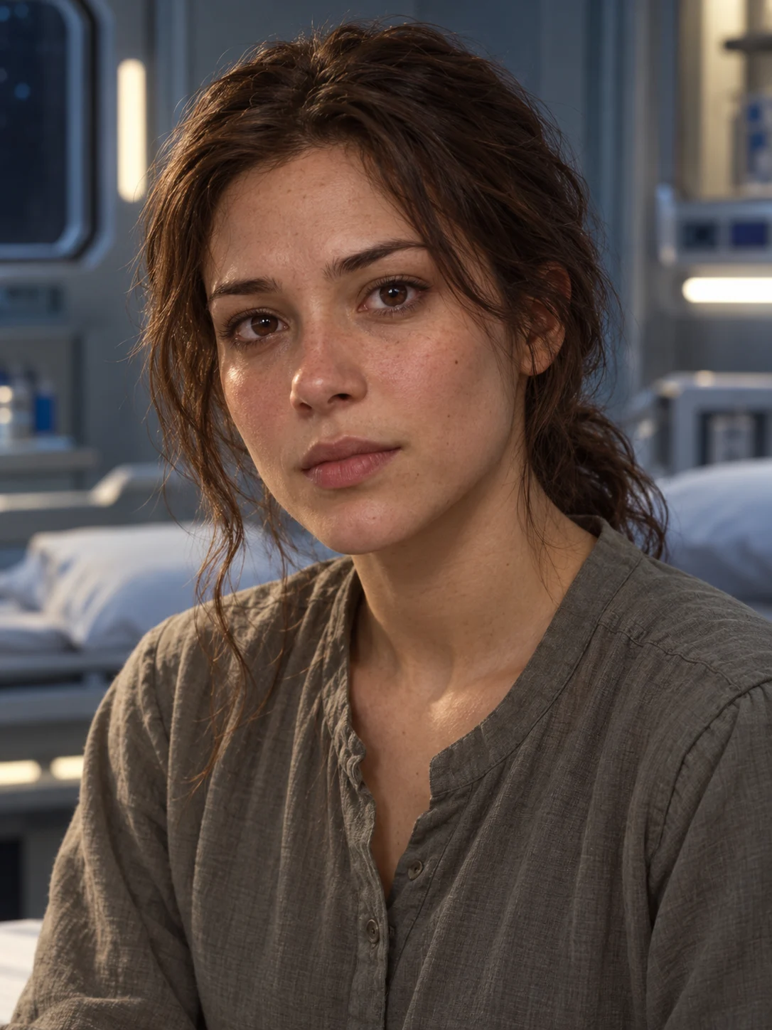 Megan — Brown hair and deep brown eyes, shown during recovery after Camp Skadi. The portrait emphasizes her personality rather than her illness.